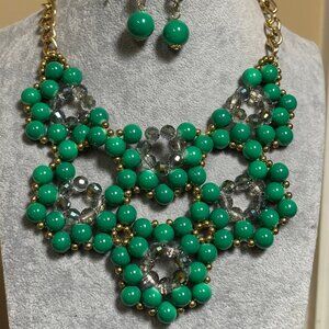 Green And Clear Grey Glass Bead Gold tone Finish Necklace Earring set